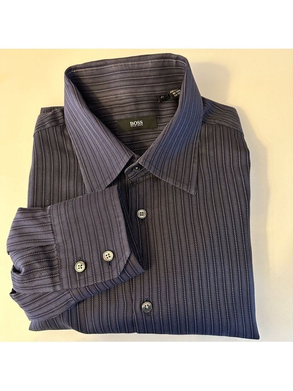 HUGO BOSS MEN'S DARK BLUE/GREY HERRINGBONE STRIPED BUTTON DOWN SHIRT sz 41 / 16